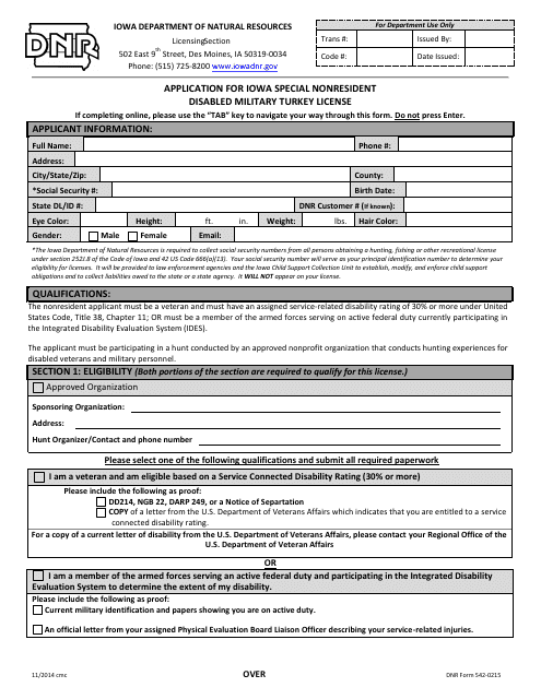 DNR Form 542-0215  Printable Pdf