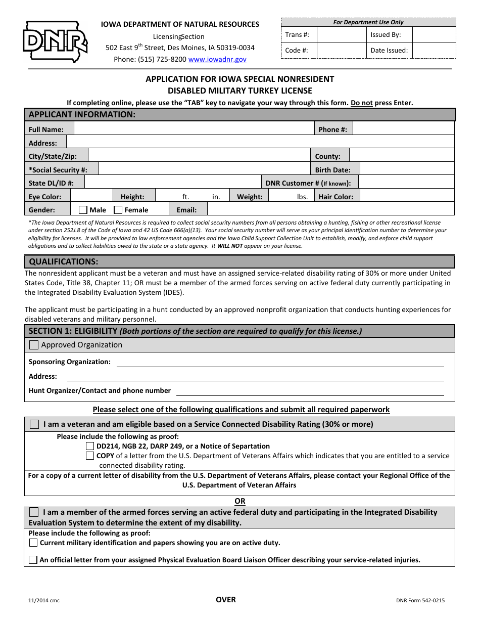 DNR Form 542-0215 Application for Iowa Special Nonresident Disabled Military Turkey License - Iowa, Page 1