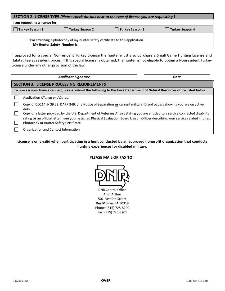 DNR Form 542-0215 Application for Iowa Special Nonresident Disabled Military Turkey License - Iowa, Page 2