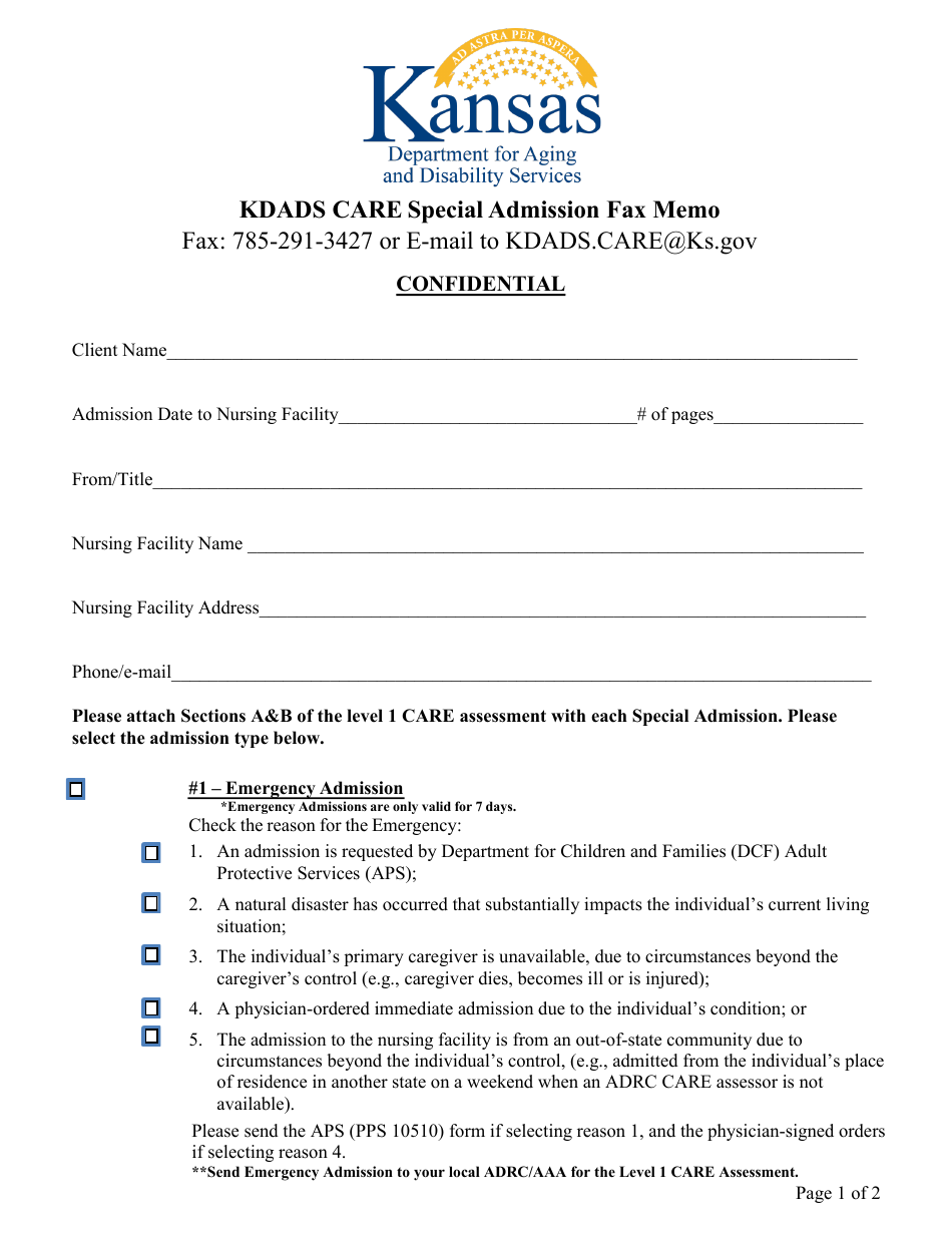 Kdads Care Special Admission Fax Memo - Kansas, Page 1