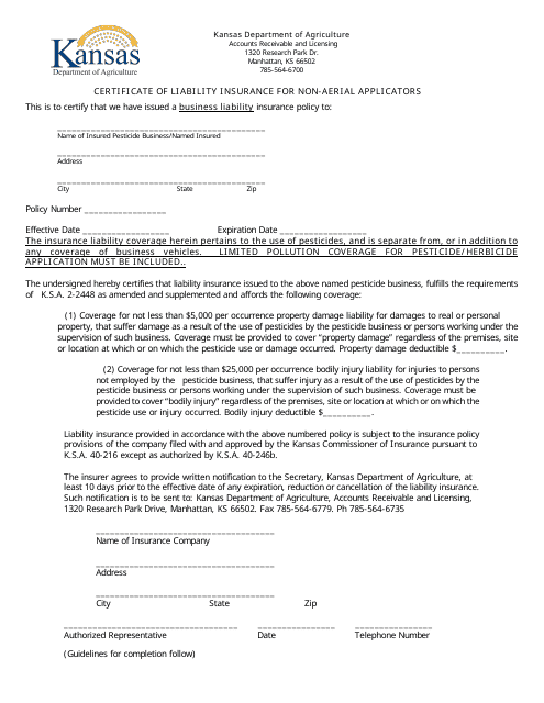 Certificate of Liability Insurance for Non-aerial Applicators - Kansas