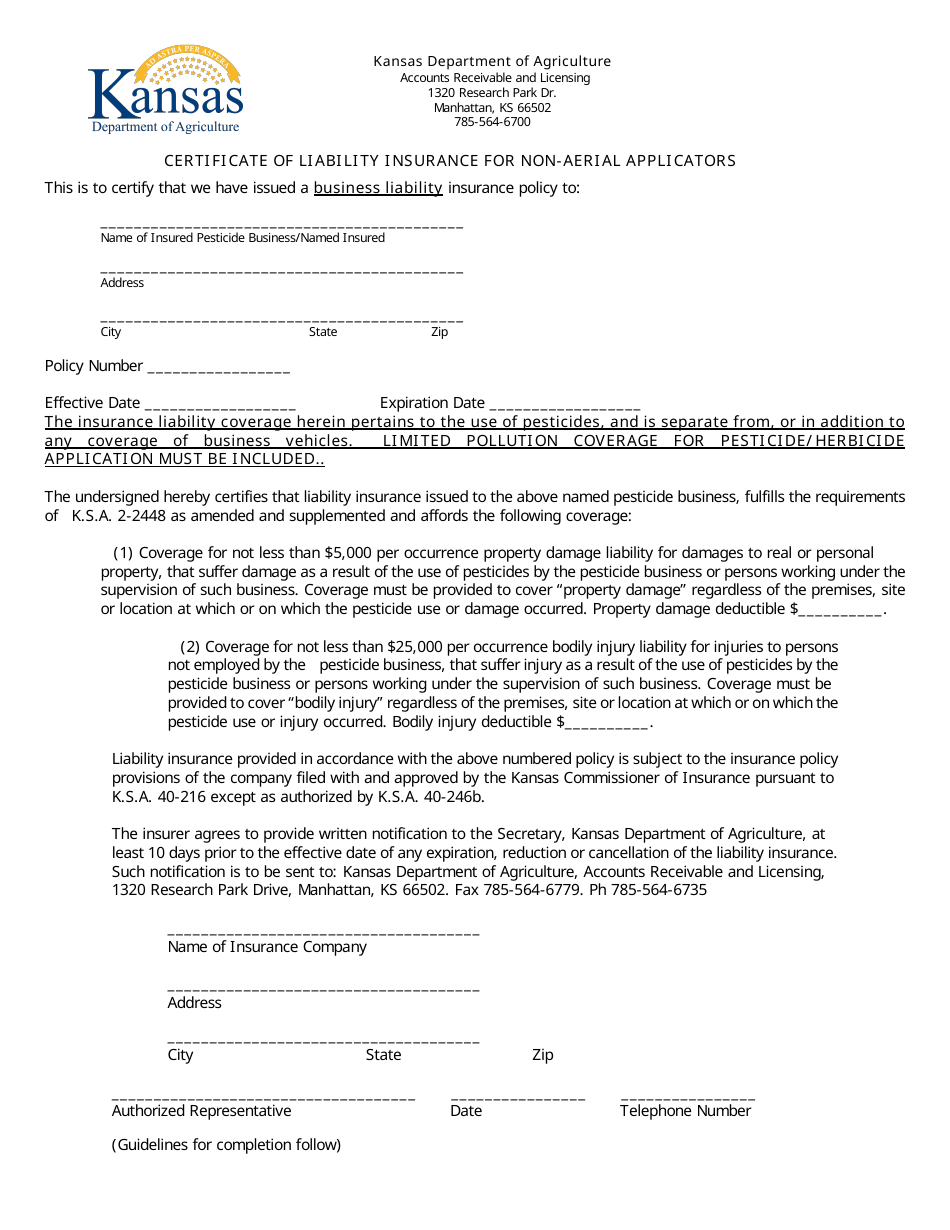 Certificate of Liability Insurance for Non-aerial Applicators - Kansas, Page 1