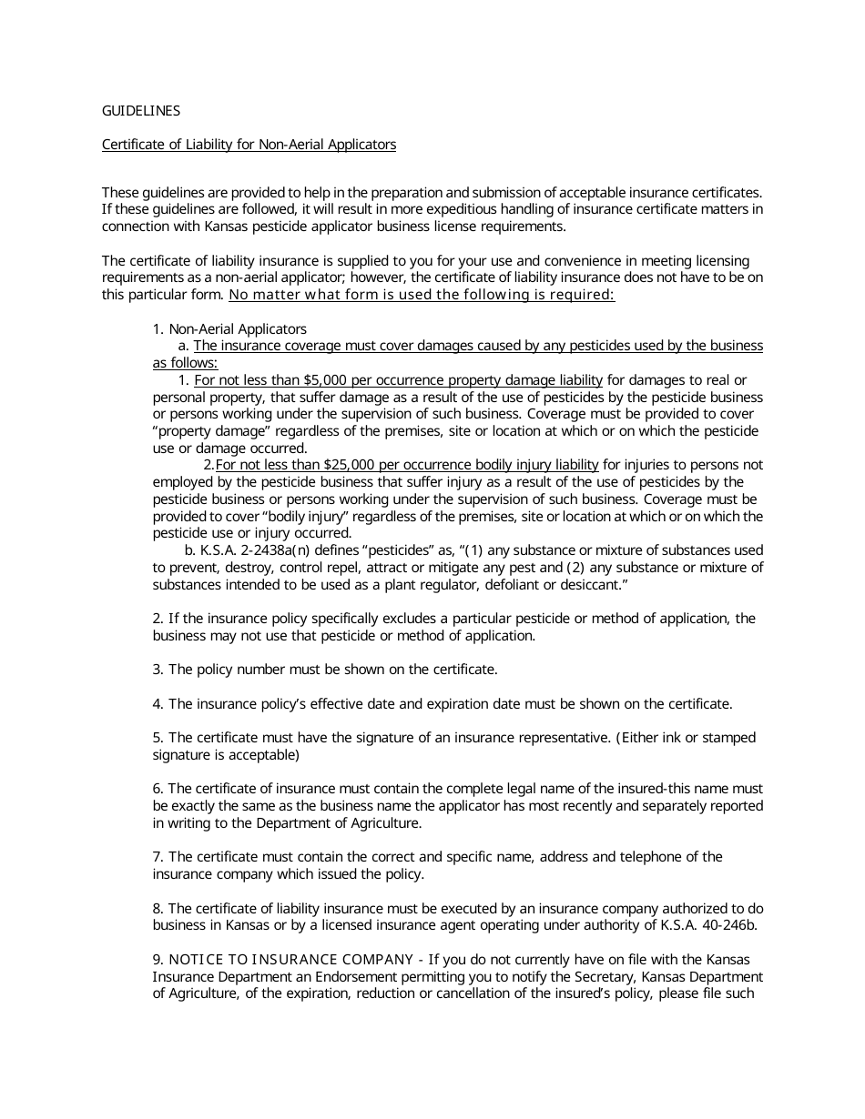 Certificate of Liability Insurance for Non-aerial Applicators - Kansas, Page 2