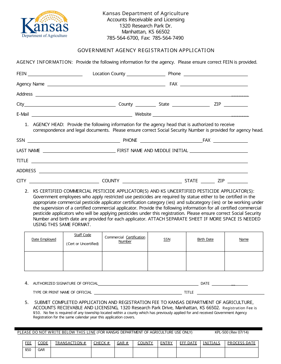 Form KPL-500 Government Agency Registration Application - Kansas, Page 1