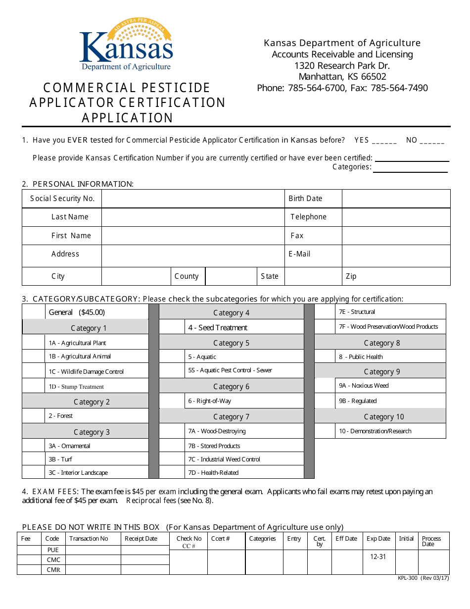 Form KPL-300 Commercial Pesticide Applicator Certification Application - Kansas, Page 1