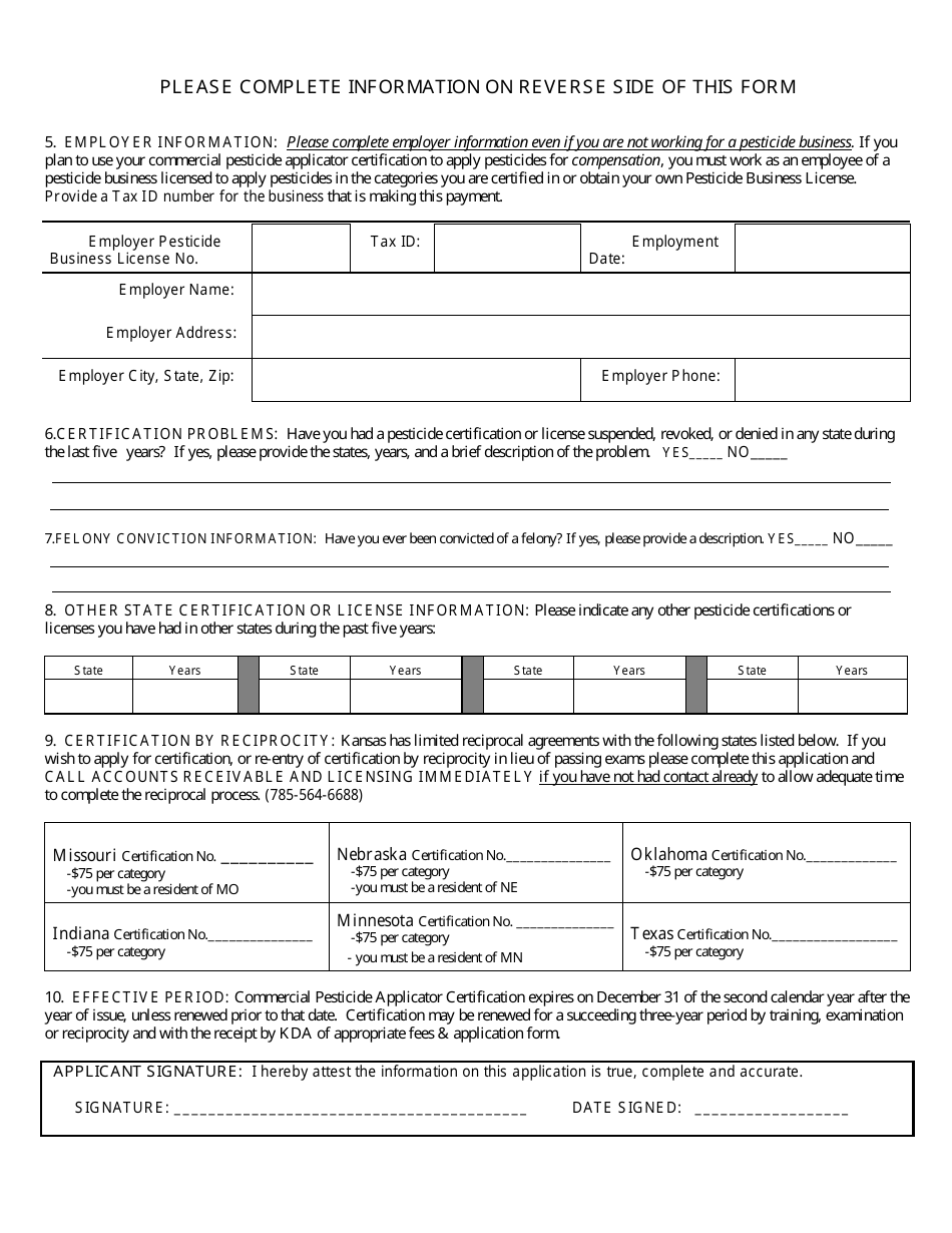Form KPL-300 Commercial Pesticide Applicator Certification Application - Kansas, Page 2