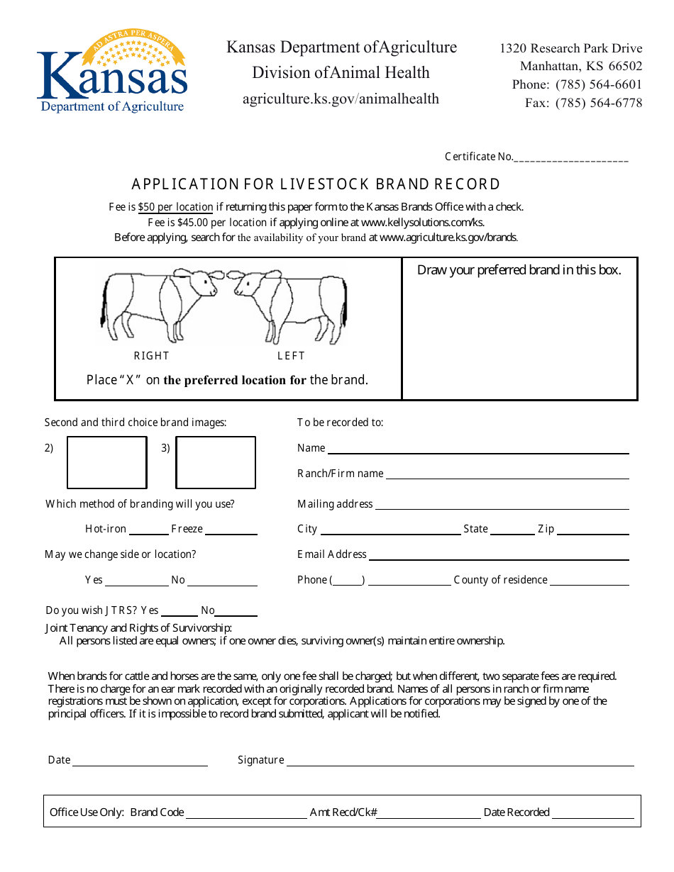 Application for Livestock Brand Record - Kansas, Page 1