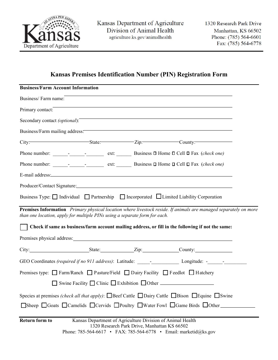 Kansas Premises Identification Number (Pin) Registration Form - Kansas, Page 1
