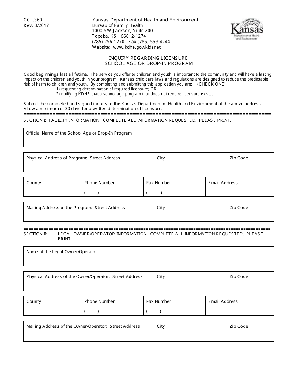 Form CCL.360 Inquiry Regarding Licensure School Age or Drop-In Program - Kansas, Page 1