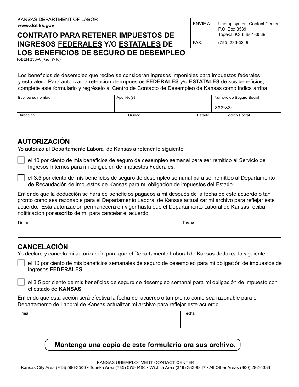 Formulario K-BEN233-A Contrato Para Retener Impuestos De Ingresos Federales Y / O Estatales De Los Beneficios De Seguro De Desempleo - Kansas (Spanish), Page 1