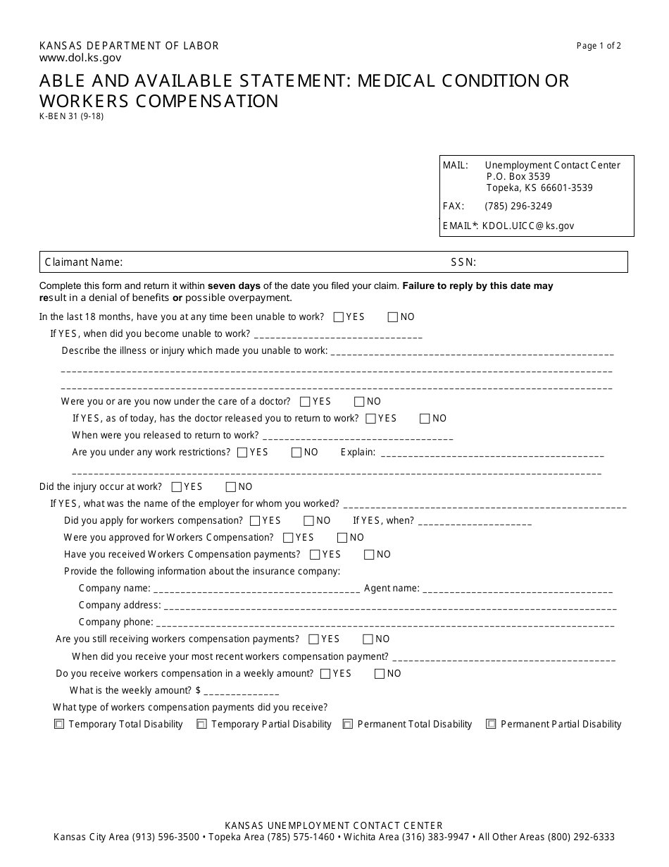 Form K-BEN31 Able and Available Statement - Medical Condition or Workers Compensation - Kansas, Page 1