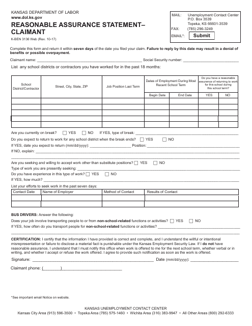 Form K-BEN3136 Reasonable Assurance Statement - Claimant - Kansas