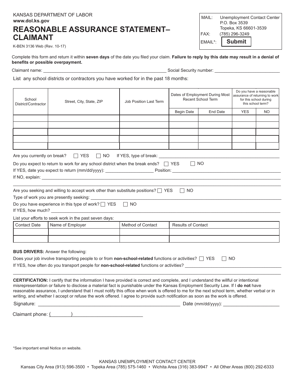 Form K-BEN3136 Reasonable Assurance Statement - Claimant - Kansas, Page 1
