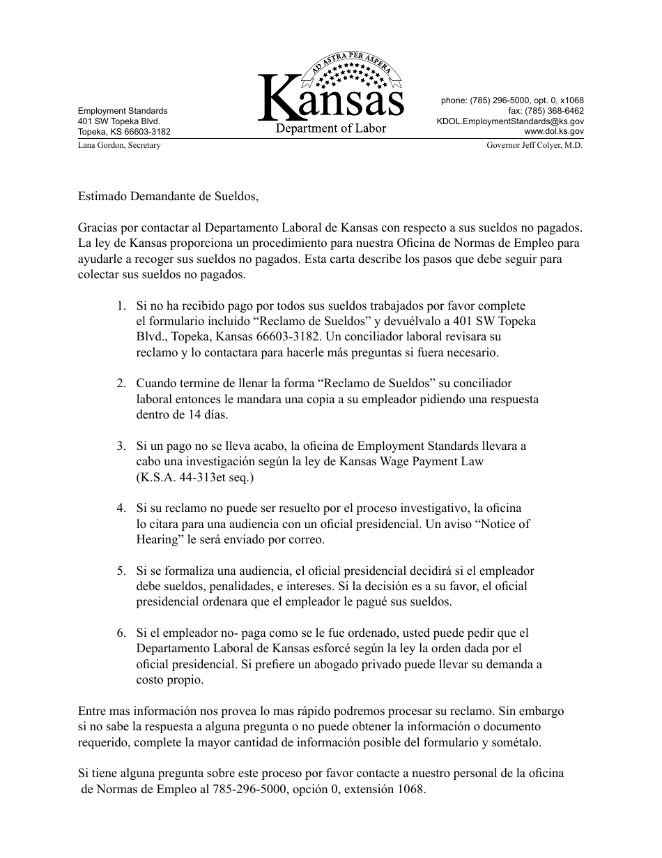 Formulario K-ESLR106 Reclamo De Sueldos - Kansas (Spanish), Page 1