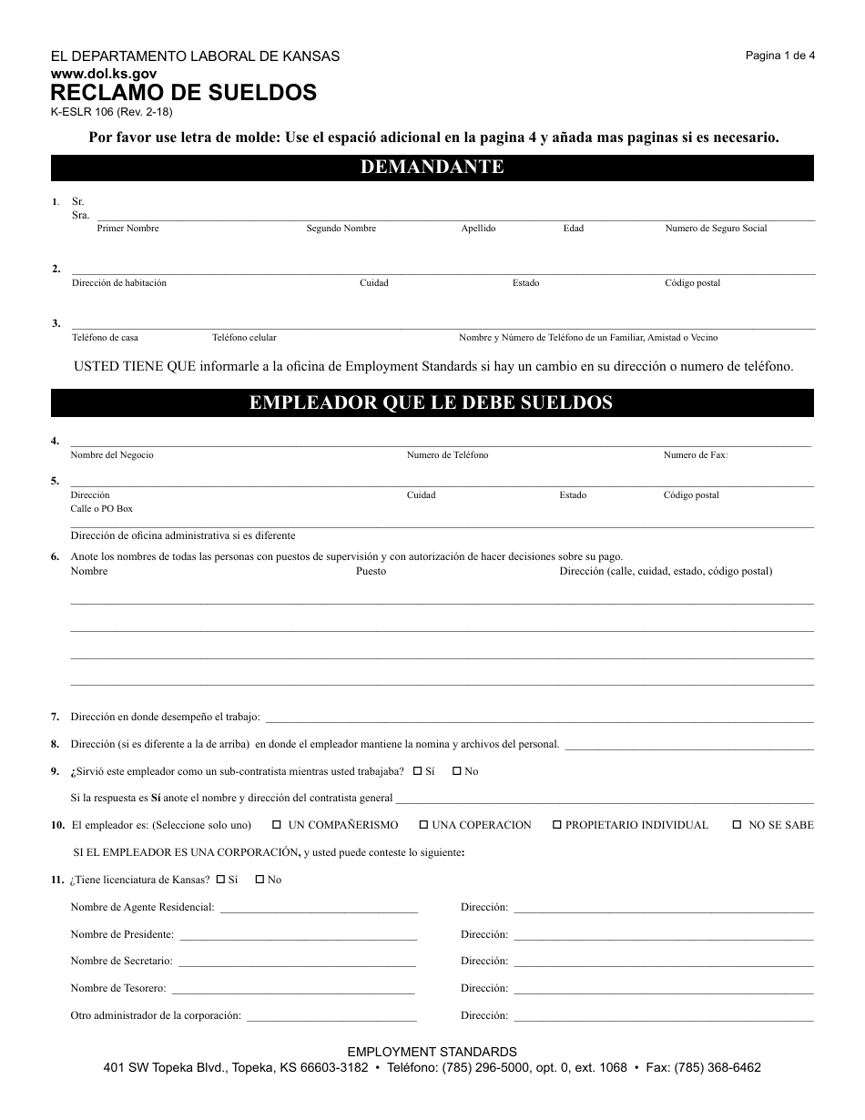 Formulario K-ESLR106 Reclamo De Sueldos - Kansas (Spanish), Page 2