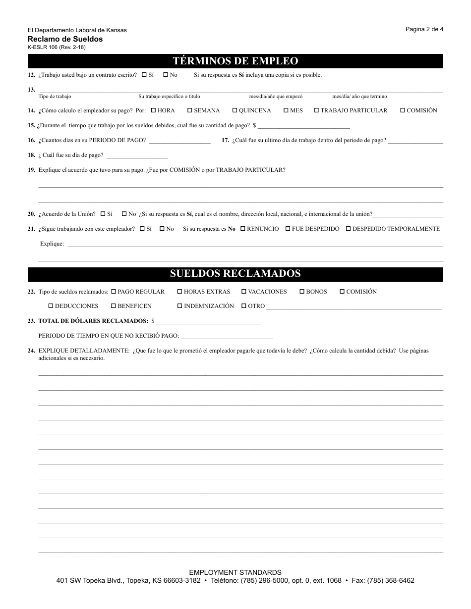 Formulario K-ESLR106 Reclamo De Sueldos - Kansas (Spanish), Page 3