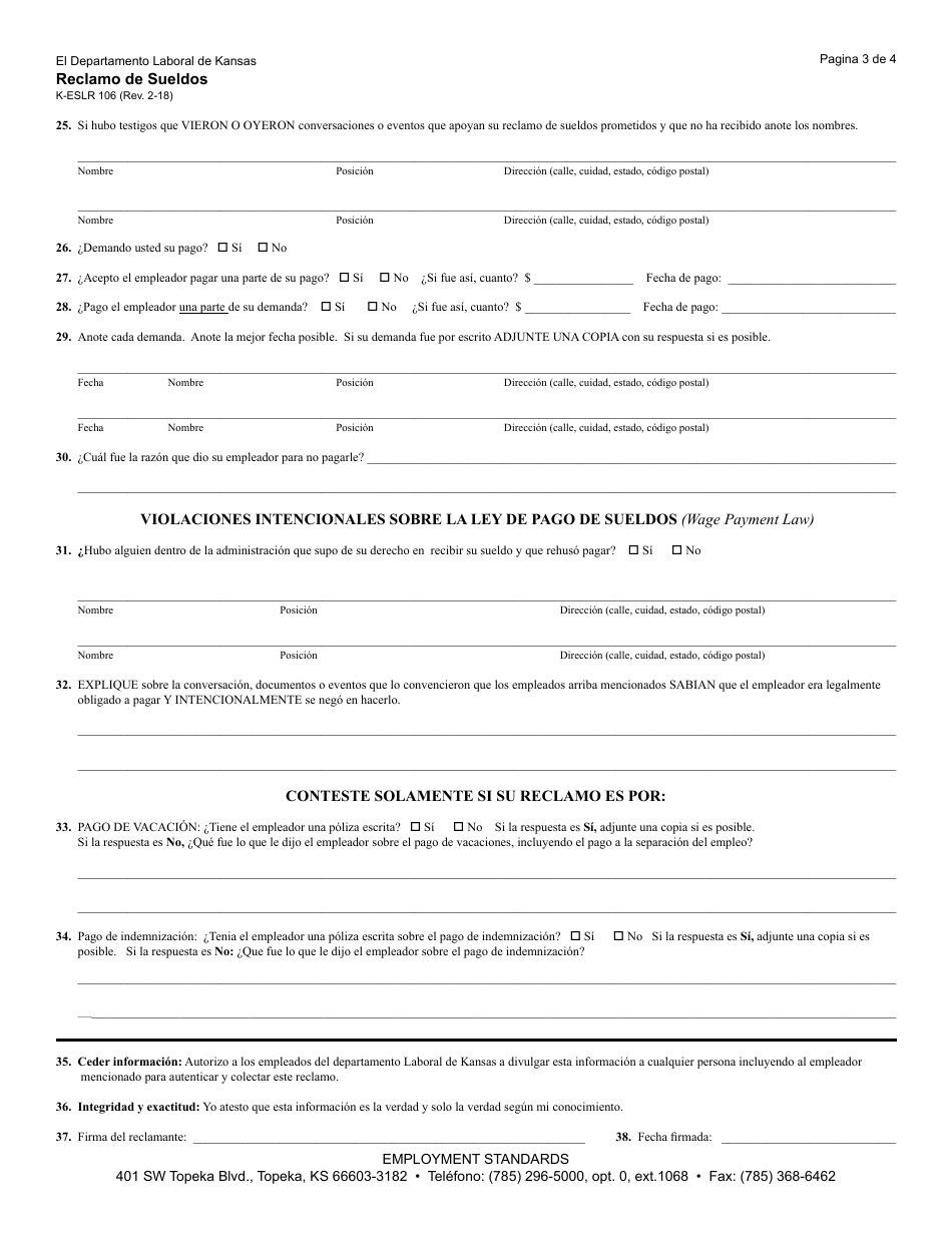 Formulario K-ESLR106 Reclamo De Sueldos - Kansas (Spanish), Page 4