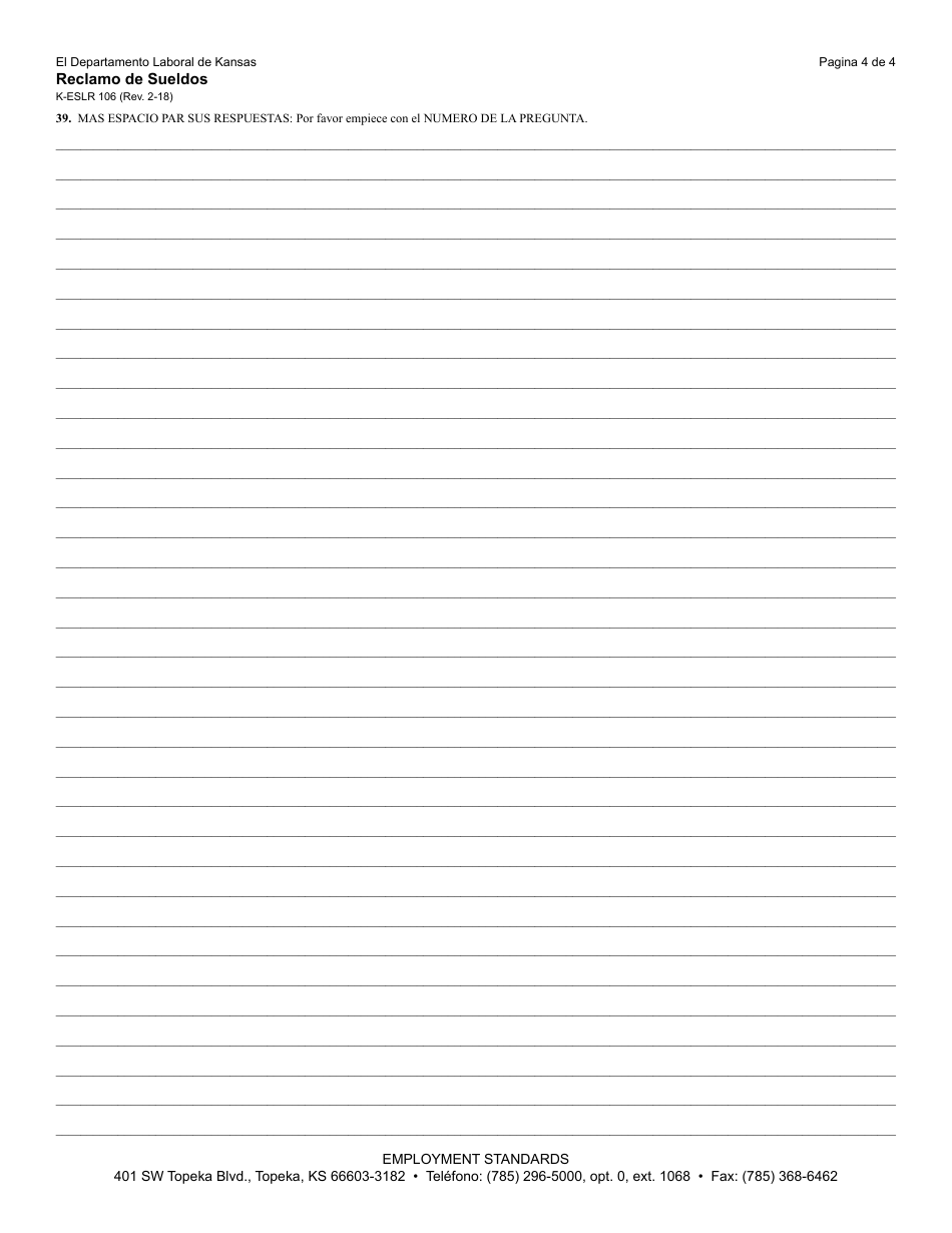 Formulario K-ESLR106 Reclamo De Sueldos - Kansas (Spanish), Page 5