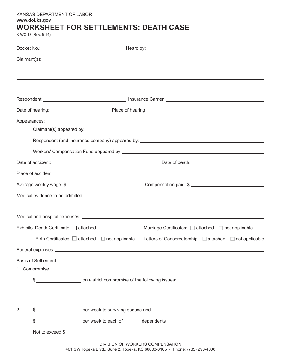 K-WC Form 13 Worksheet for Settlements: Death Case - Kansas, Page 1