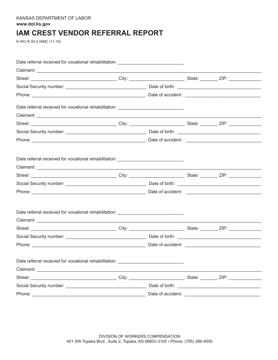 Form K-WC-R93-2 Iam Crest Vendor Referral Report - Kansas, Page 1