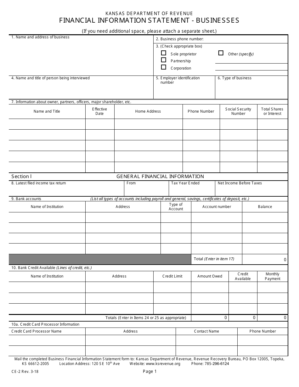 Form CE-2 Business Taxes Financial Statement - Kansas, Page 1