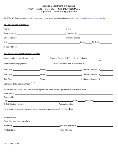 Form CM-15 Pay Plan Request for Individuals - Kansas