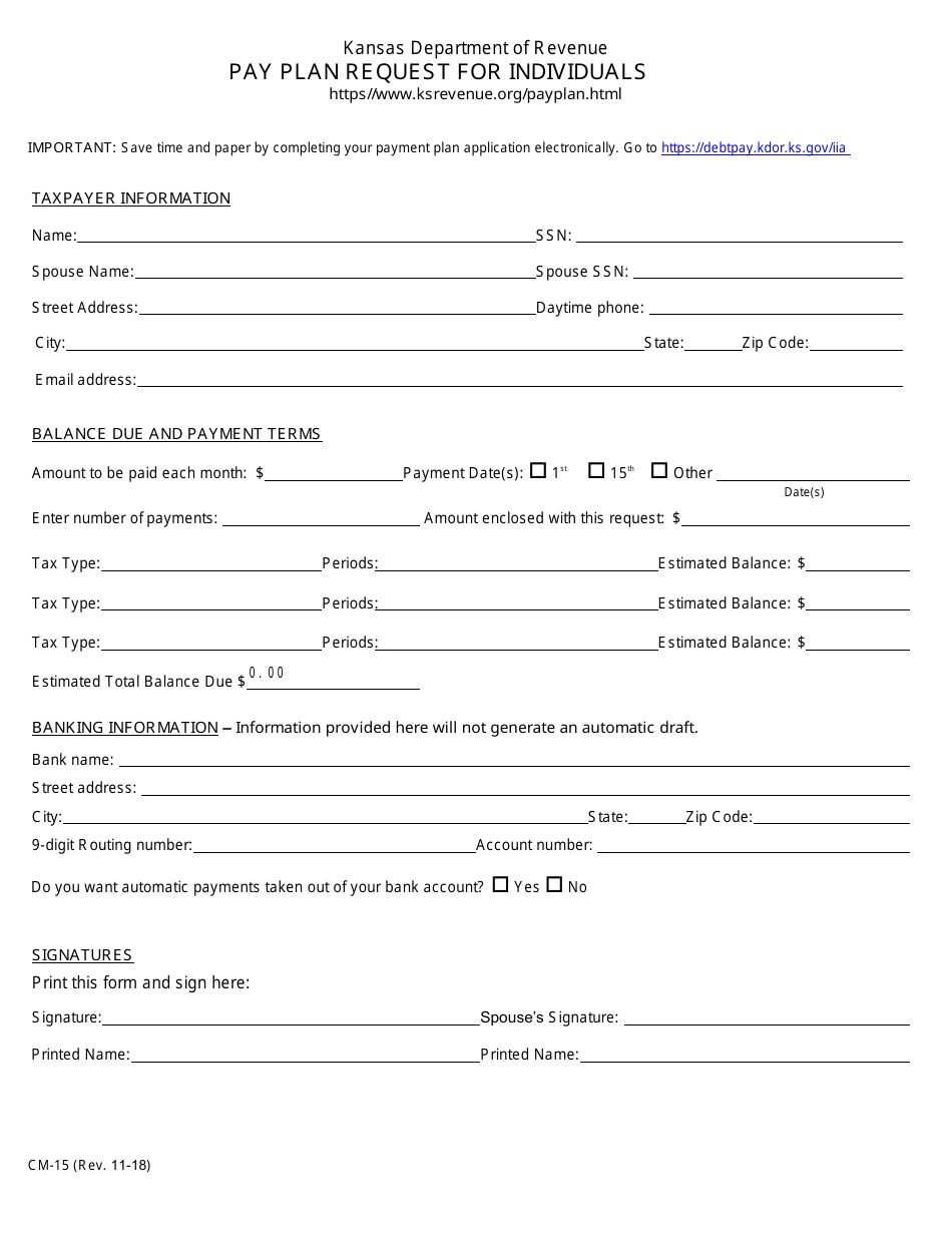 Form CM-15 Pay Plan Request for Individuals - Kansas, Page 1