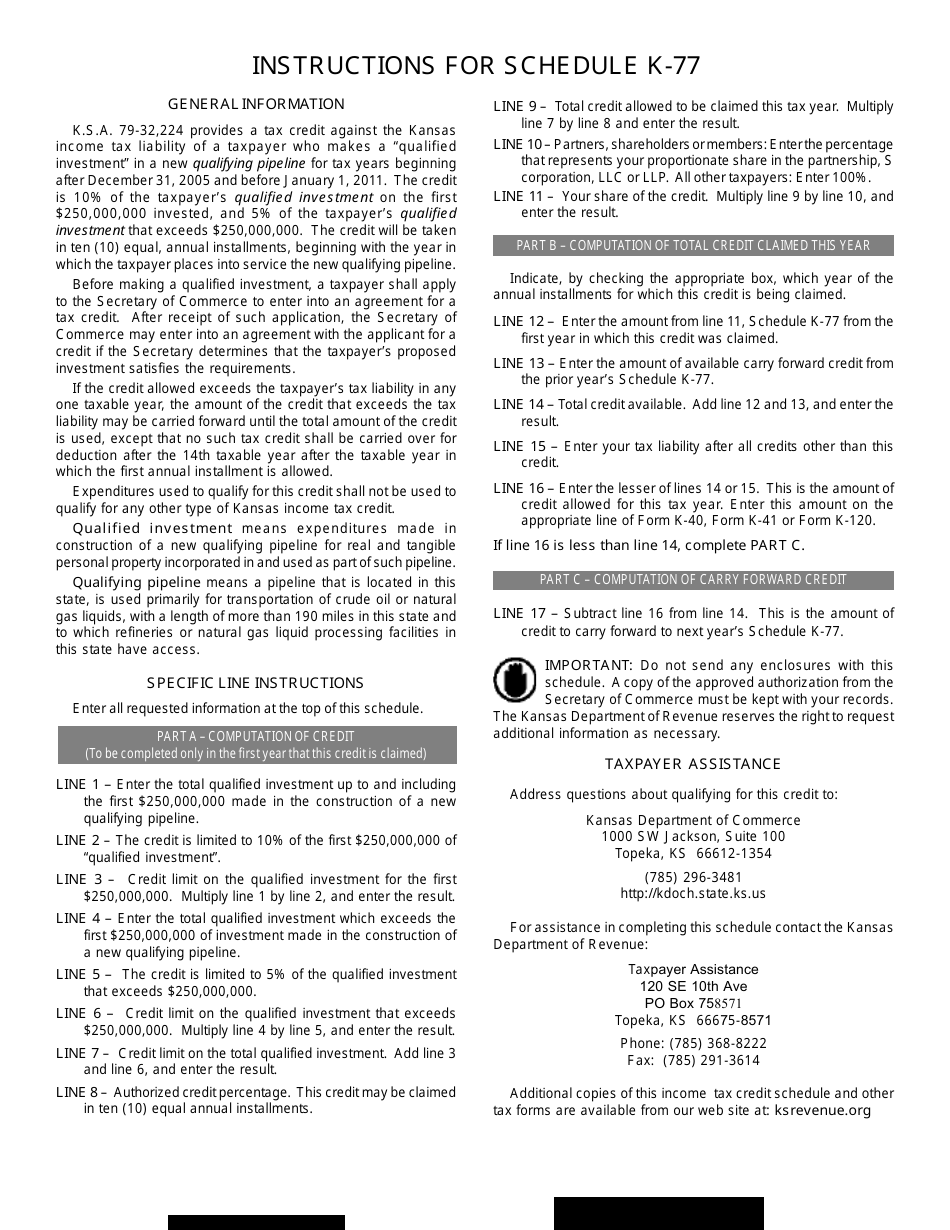 Schedule K-77 Qualifying Pipeline Credit - Kansas, Page 2