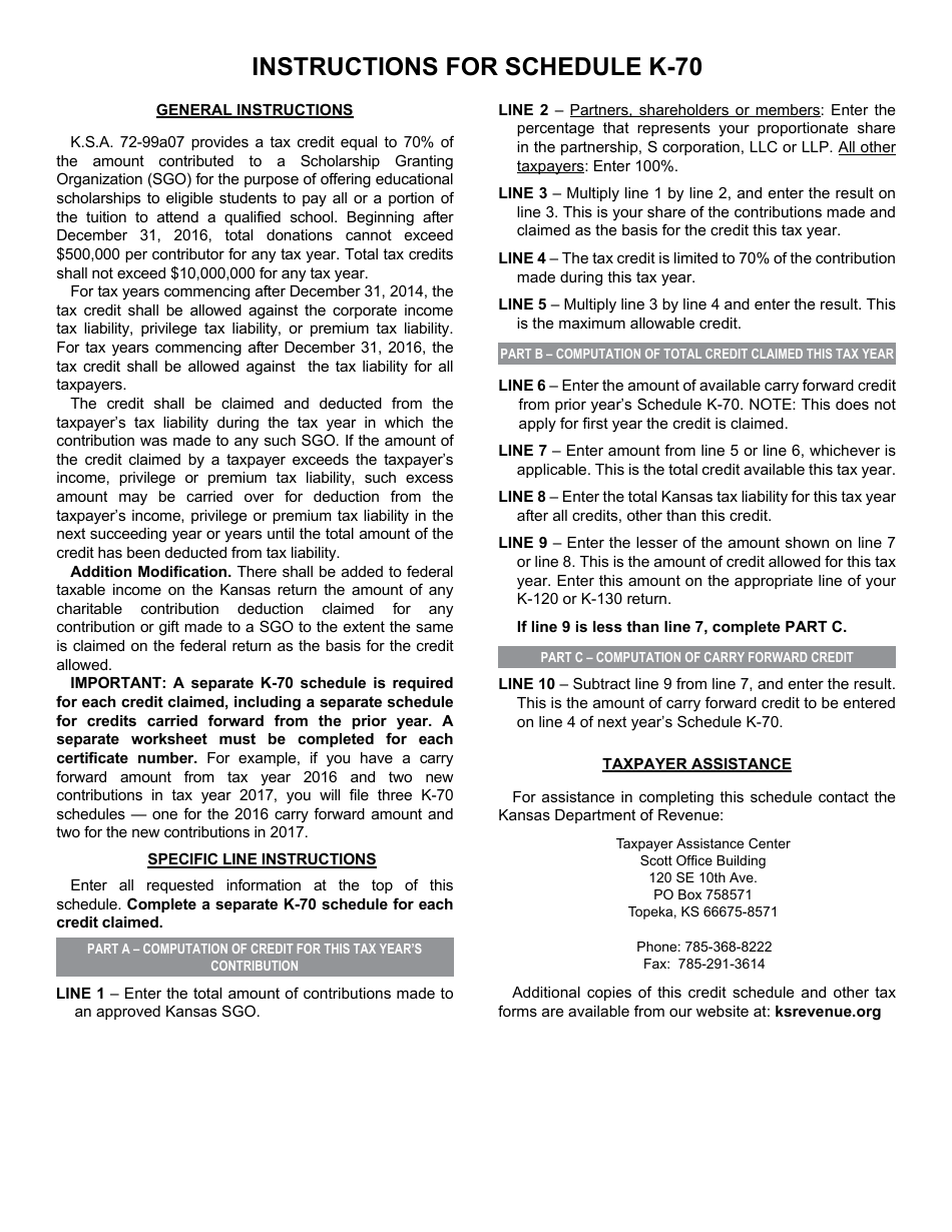 Schedule K-70 Low Income Student Scholarship Credit - Kansas, Page 2