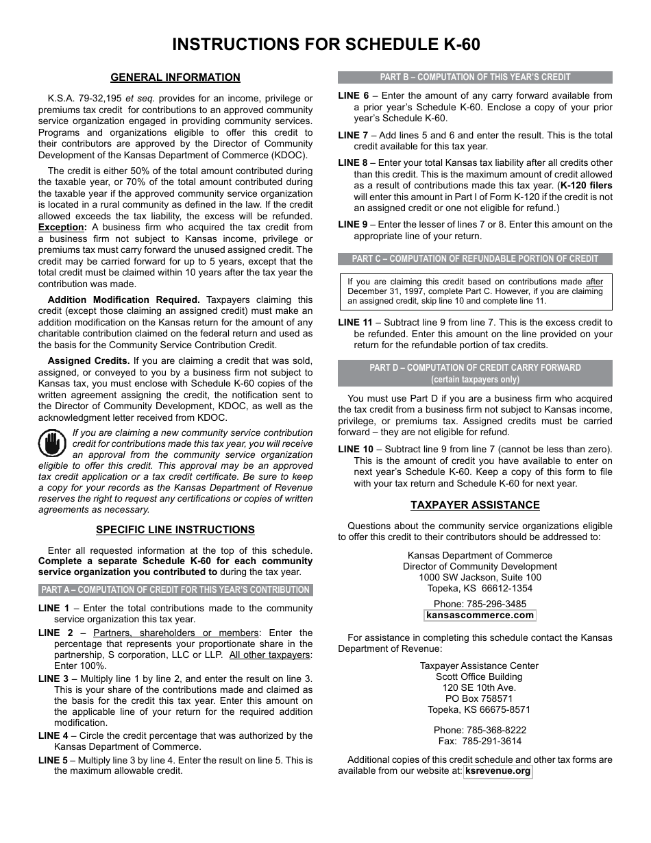 Schedule K-60 Community Service Contribution Credit - Kansas, Page 2