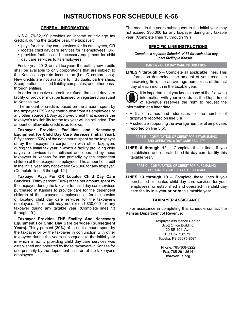 Schedule K-56 Child Day Care Assistance Credit - Kansas, Page 2