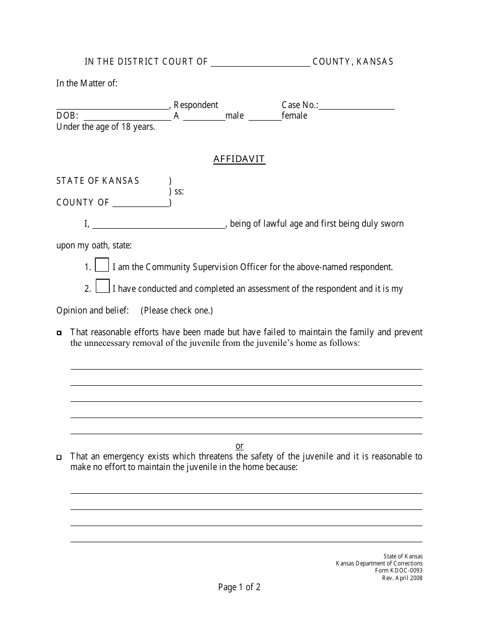 Form KDOC-0093 Affidavit - Kansas, Page 1