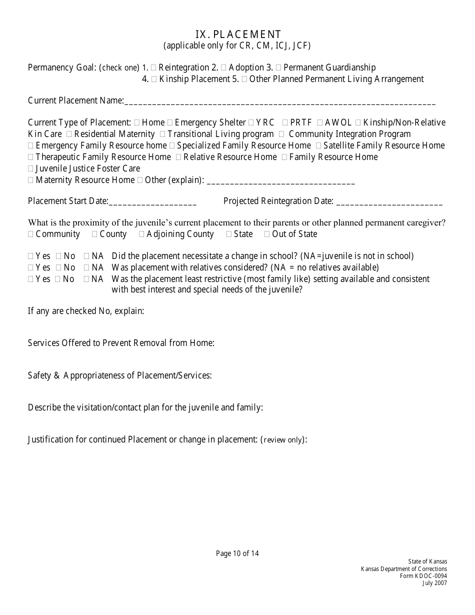 Form KDOC-0094 Juvenile Supervision Plan - Kansas, Page 10