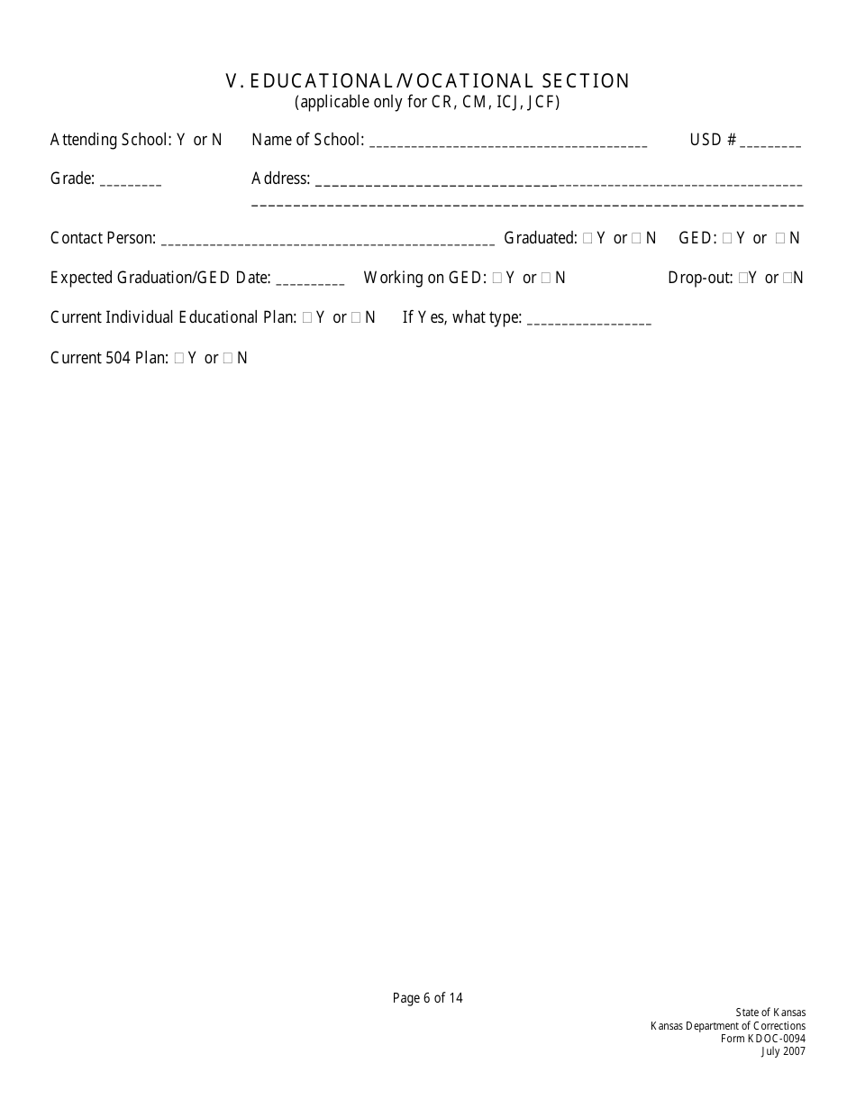 Form KDOC-0094 Juvenile Supervision Plan - Kansas, Page 6