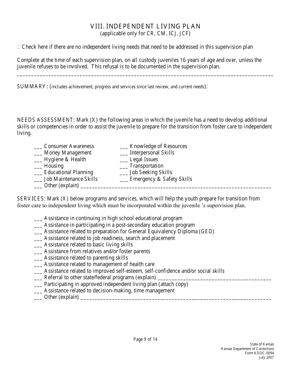 Form KDOC-0094 Juvenile Supervision Plan - Kansas, Page 9