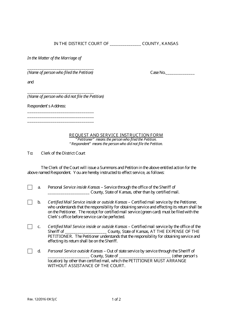 Request and Service Instruction Form - Kansas, Page 1
