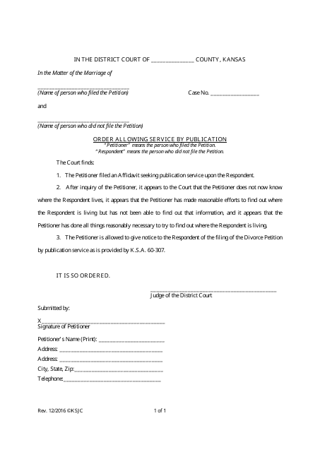 Order Allowing Service by Publication - Kansas Download Pdf