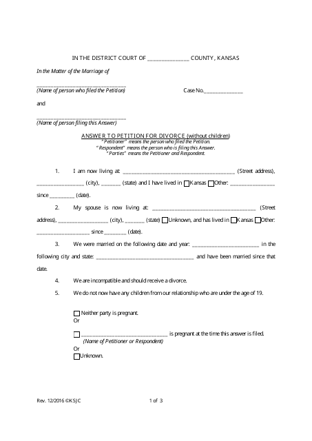 Answer to Petition for Divorce (Without Children) - Kansas Download Pdf