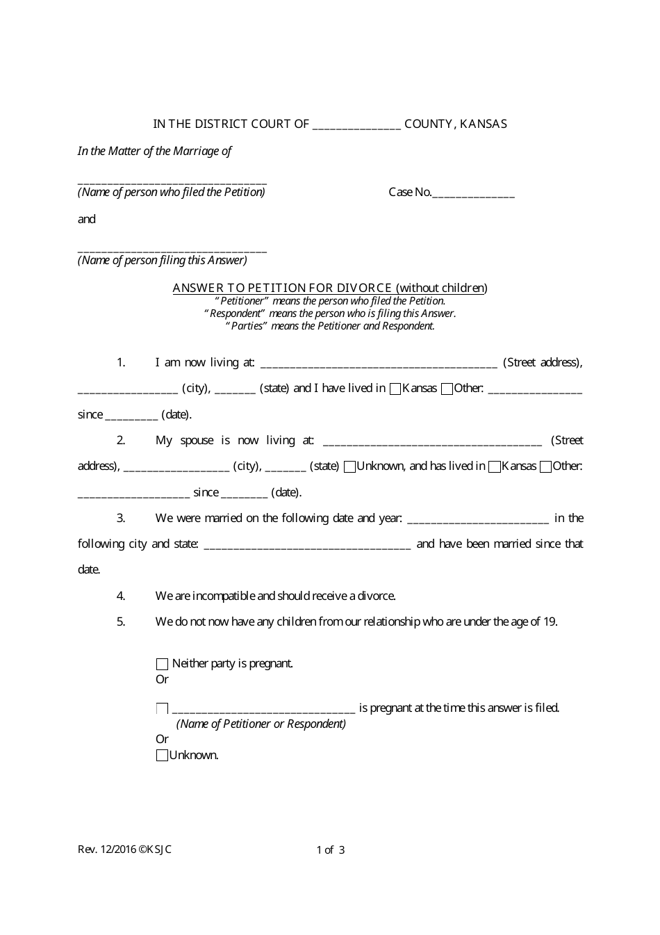Answer to Petition for Divorce (Without Children) - Kansas, Page 1