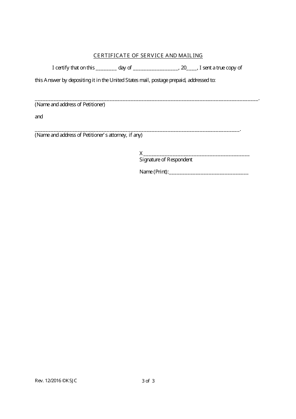 Answer to Petition for Divorce (Without Children) - Kansas, Page 3