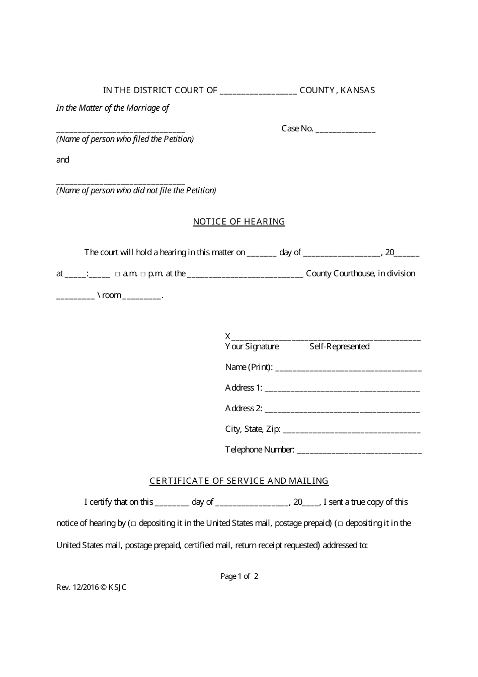 Kansas Notice of Hearing Fill Out, Sign Online and Download PDF