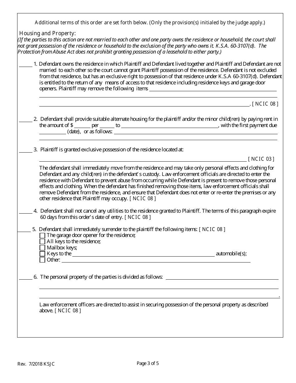 Final Order of Protection From Abuse - Kansas, Page 3