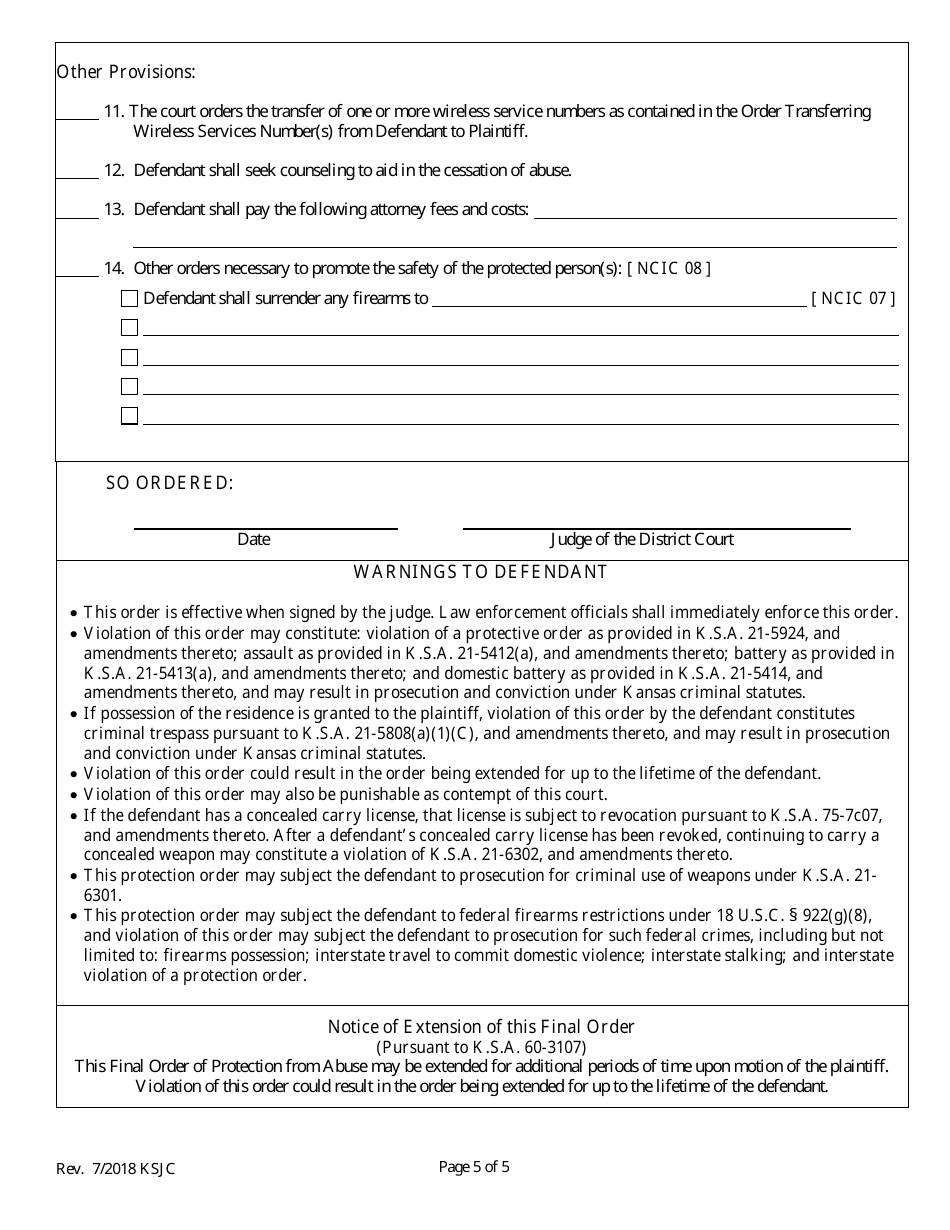 Final Order of Protection From Abuse - Kansas, Page 5