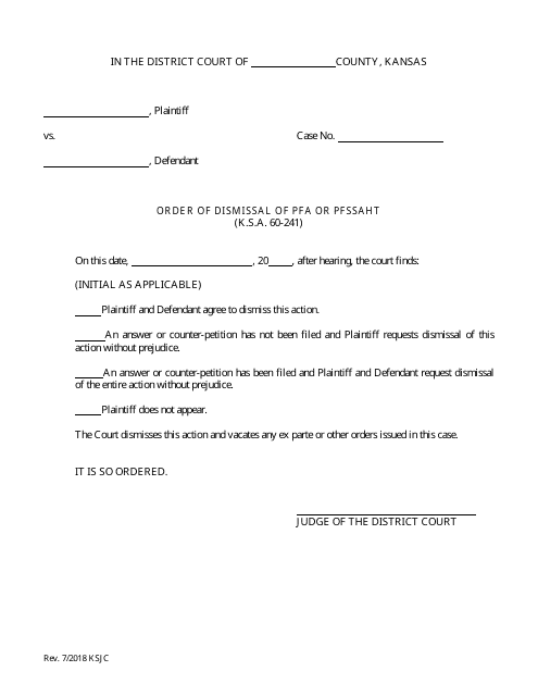 Order of Dismissal of Pfa or Pfssaht - Kansas