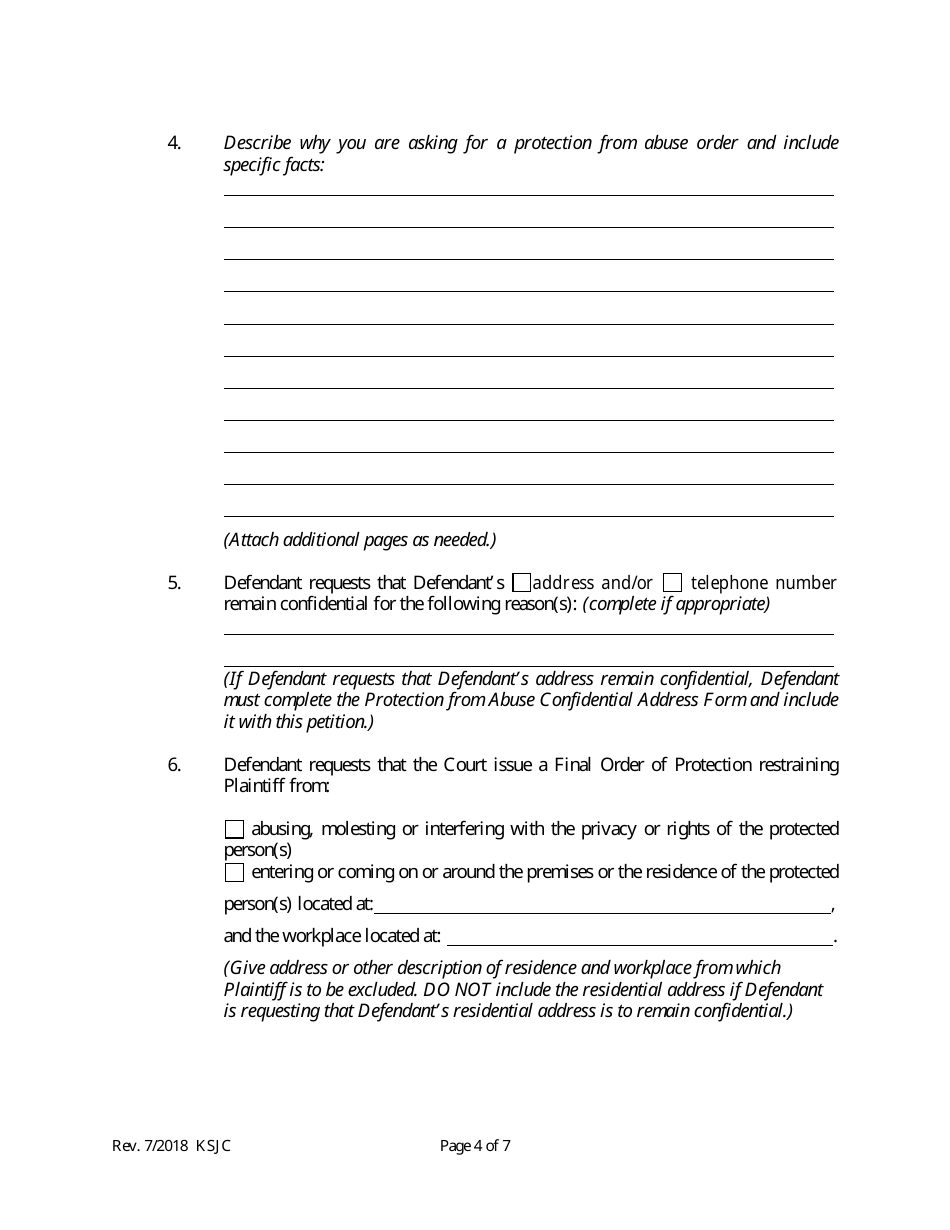 Kansas Counter Petition for Protection From Abuse Order Fill Out