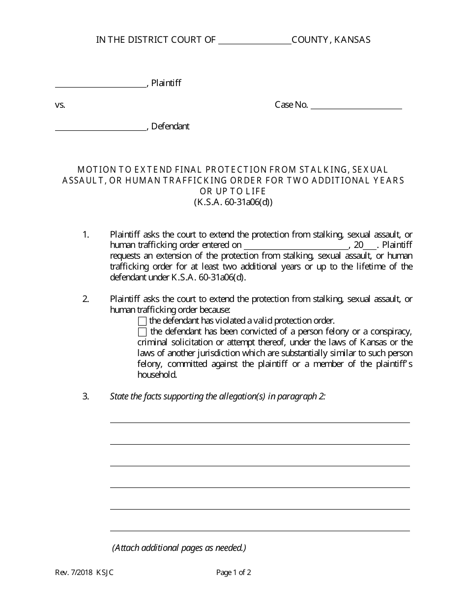 Kansas Motion to Extend Final Protection From Stalking, Sexual Assault