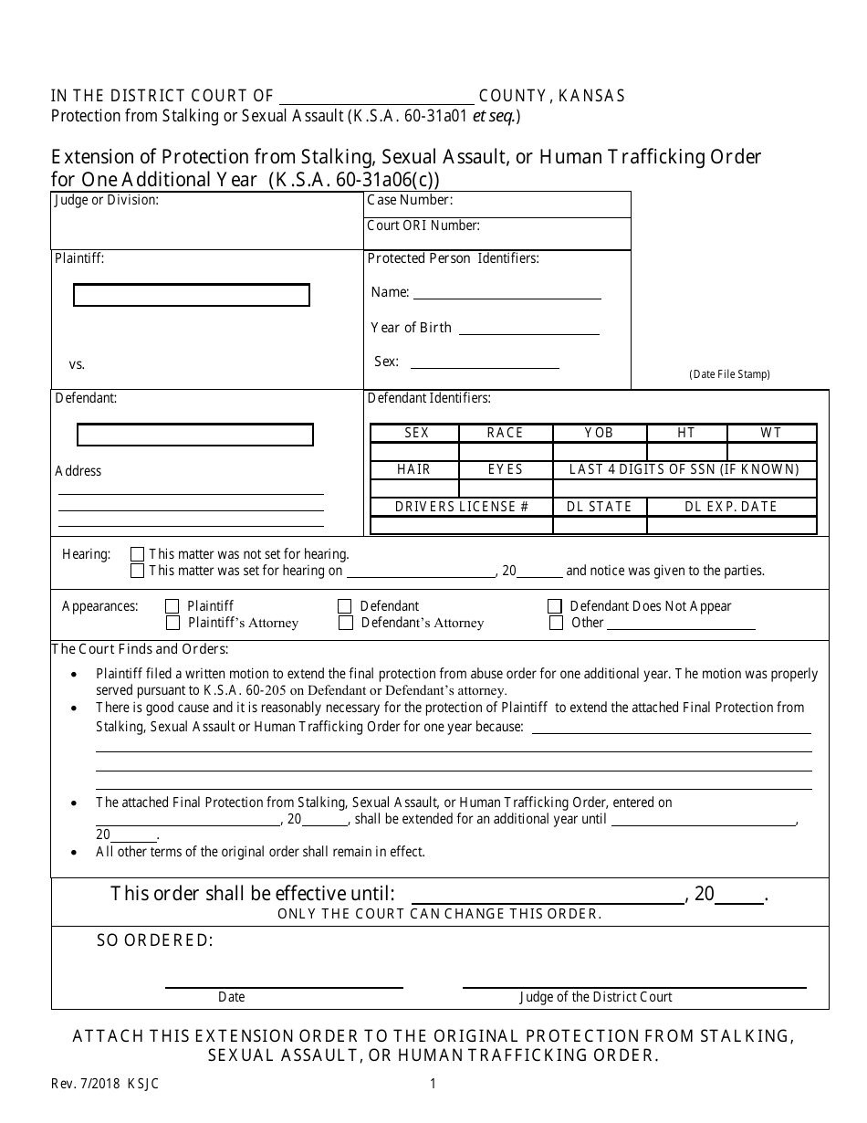 Extension of Protection From Stalking, Sexual Assault, or Human Trafficking Order for One Additional Year (K.s.a. 60-31a06(C)) - Kansas, Page 1