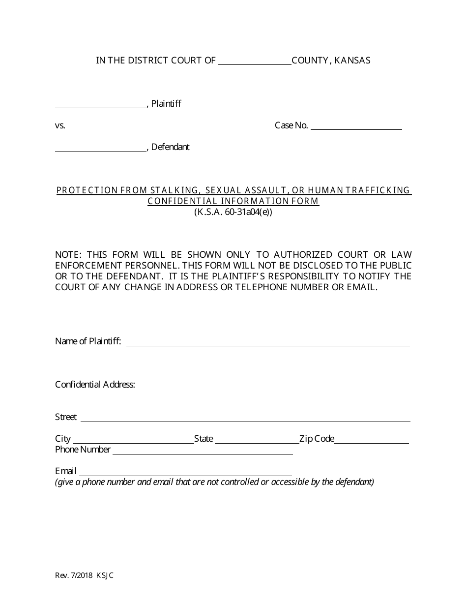 Protection From Stalking, Sexual Assault, or Human Trafficking Confidential Information Form - Kansas, Page 1
