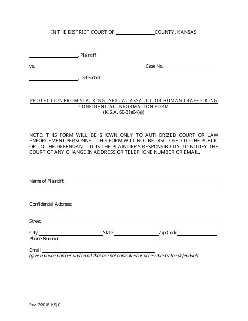 Protection From Stalking, Sexual Assault, or Human Trafficking Confidential Information Form - Kansas Download Pdf
