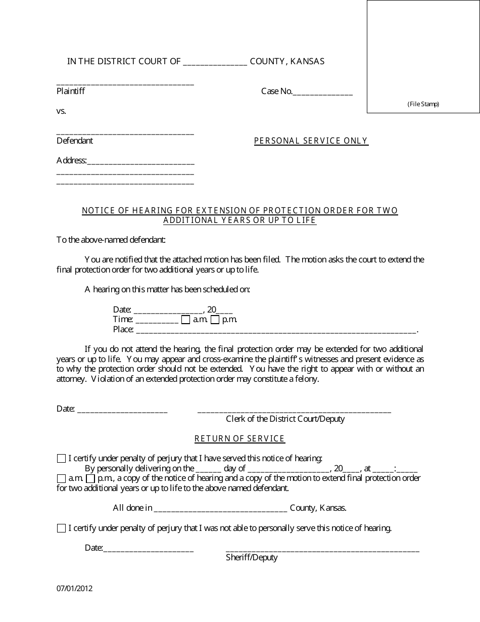 Notice of Hearing for Extension of Protection Order for Two Additional Years or up to Life - Kansas, Page 1